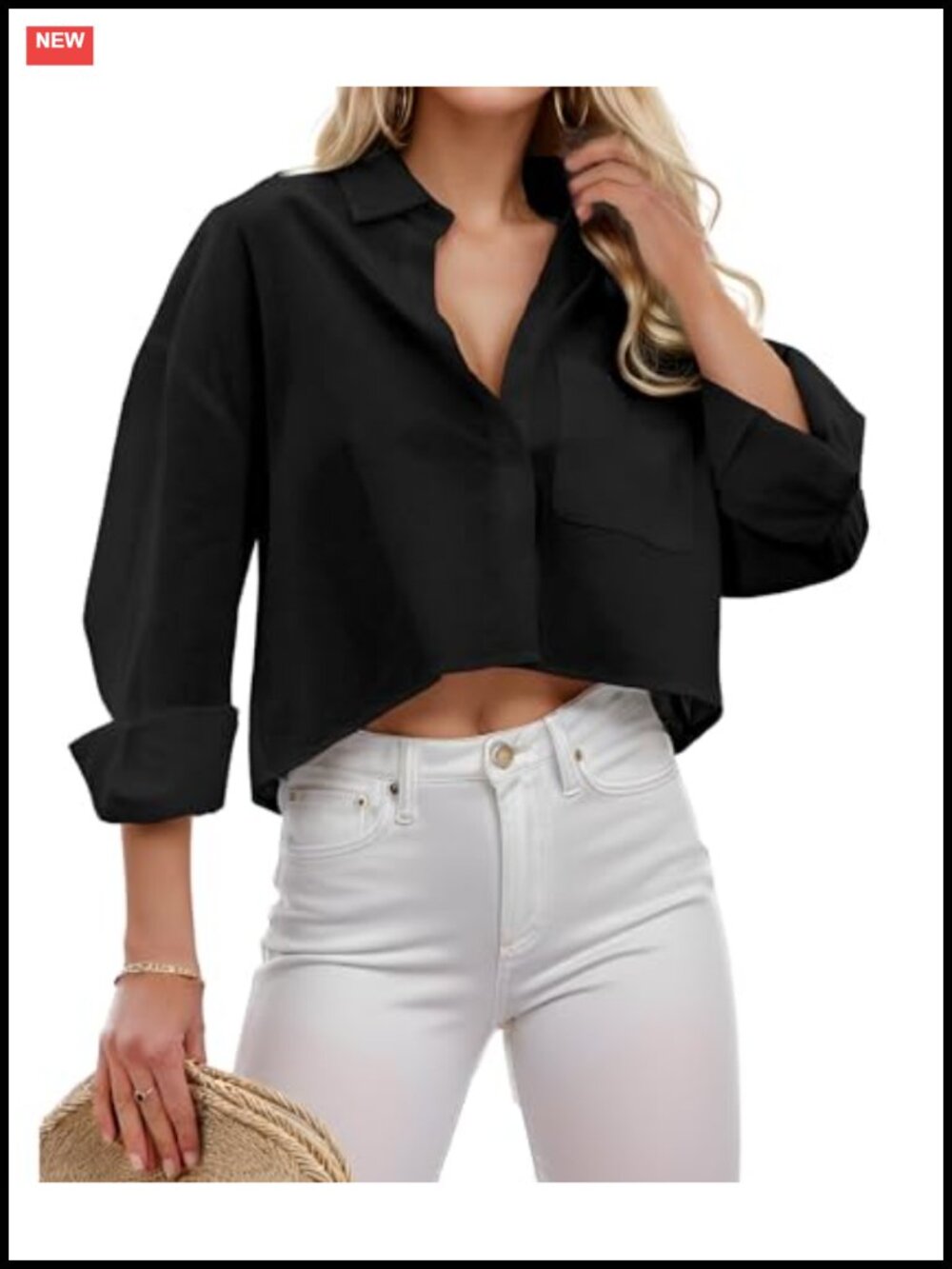 Teepie Women's Cropped Button Down Long Sleeve Shirt Chest Pocket
